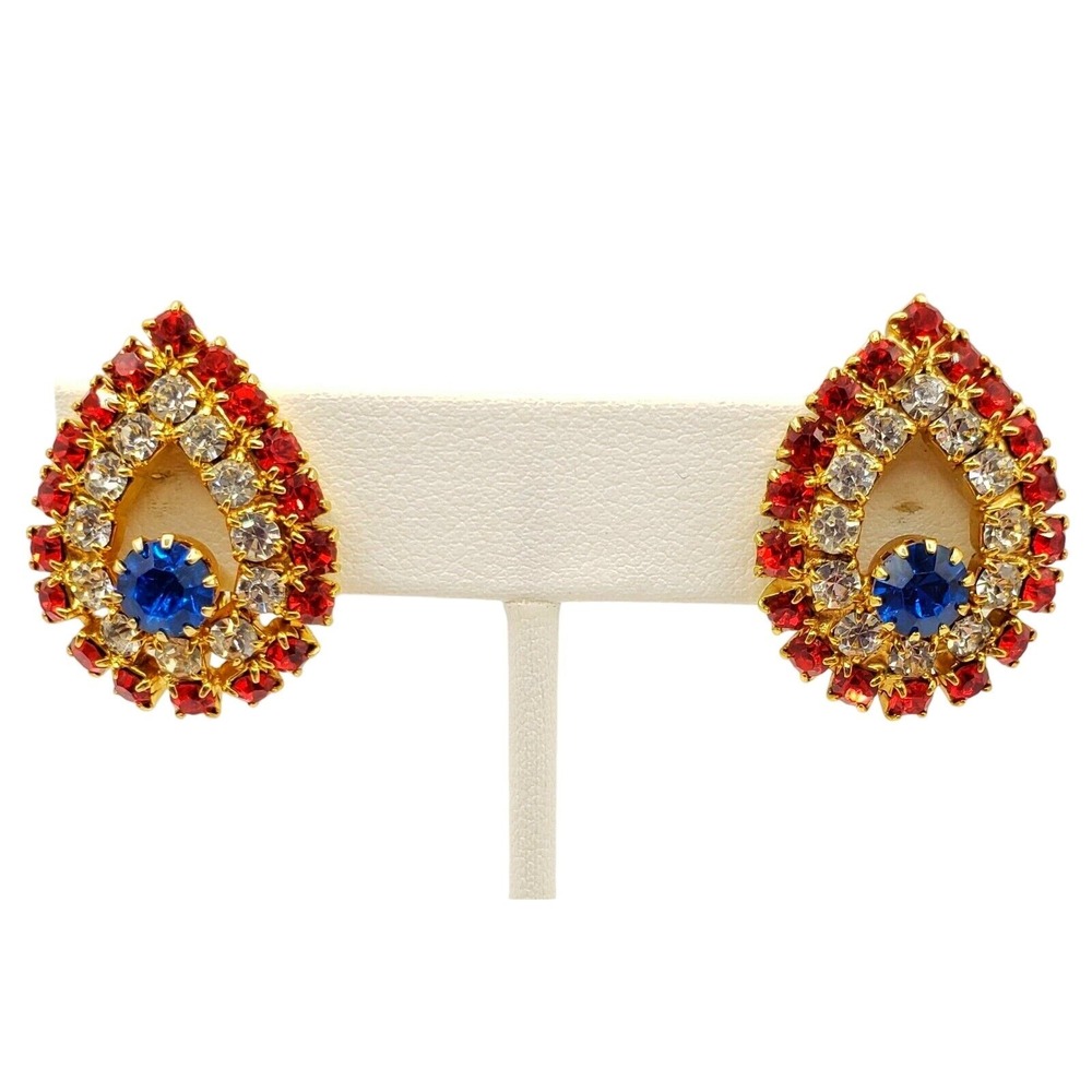Vintage Patriotic Clip On Earrings Red White & Blue Rhinestone Teardrop Summer